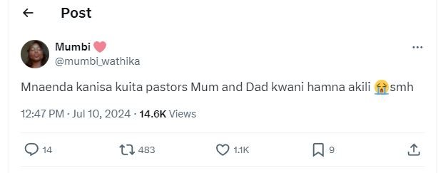 Post mumbi mumbi_wathika mnaenda kanisa kuita pastors mum and dad kwani hamna ak