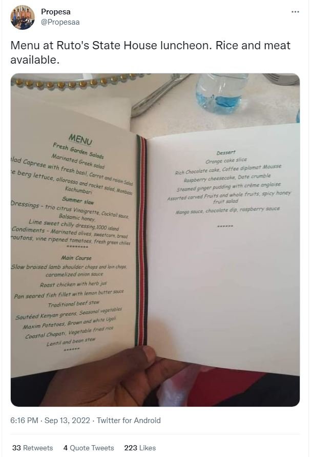 Propesa propesaa menu at ruto's state house luncheon. rice and meat available. d