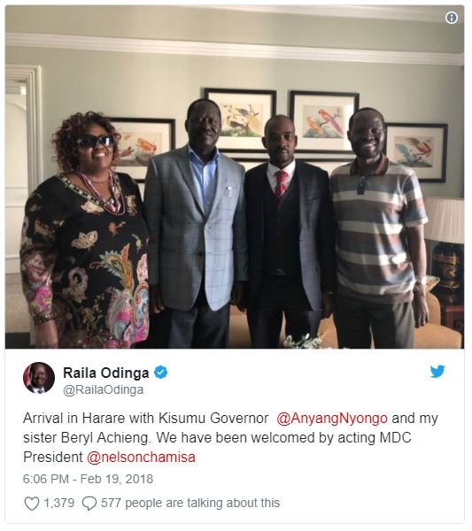 Raila odinga railaodinga arrival in harare with kisumu governor anyangnyongo and