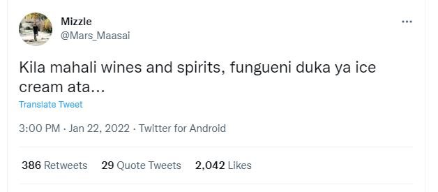 Mizzle Mars_Maasai Kila mahali wines and spirits, fungueni duka ya ice cream ata