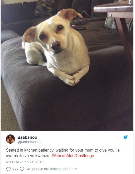 Baabanoo mainamasha seated in kitchen patiently waiting for your mum to give you