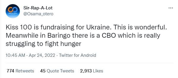 Sirrapalot osama_otero kiss 100 is fundraising for ukraine. this is wonderful .