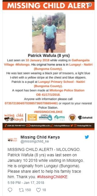 Missing child alert patrick wafula 8 yrs last sccn cn 10 anup whule vısıtng gath