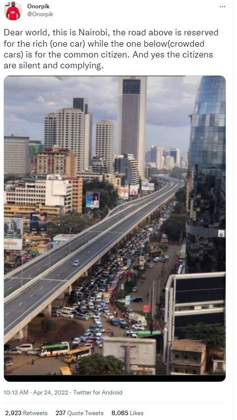 Onorpik oncrpik dear world. this is nairobi, the road above is reserved for the