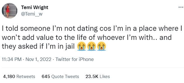 Temi wright temi told someone l'm not dating cos l'm in a place where won't add