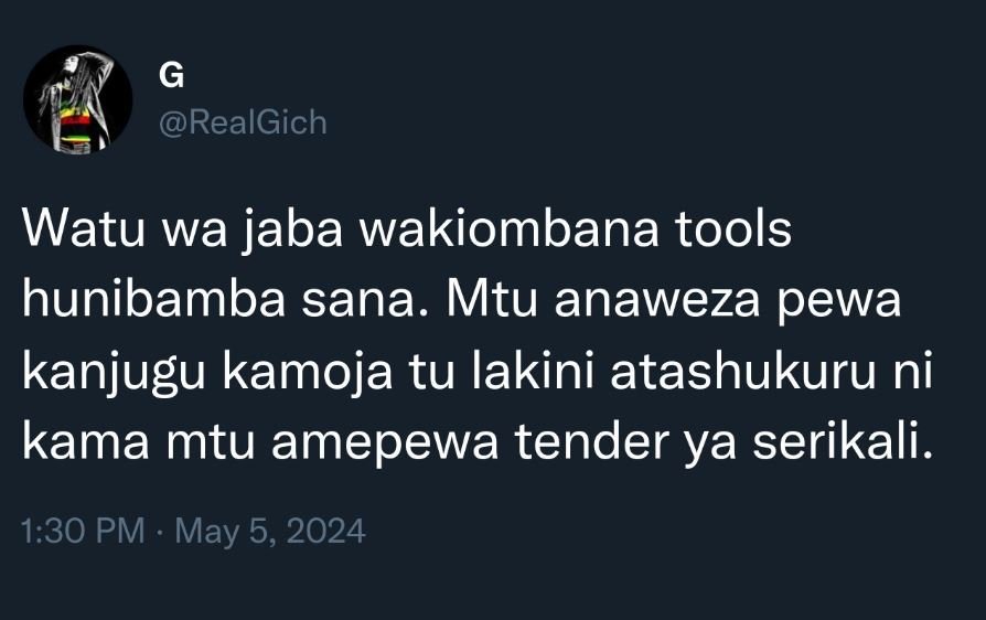 G realgich watu wa jaba wakiombana tools hunibamba sana. mtu anaweza pewa kanjug