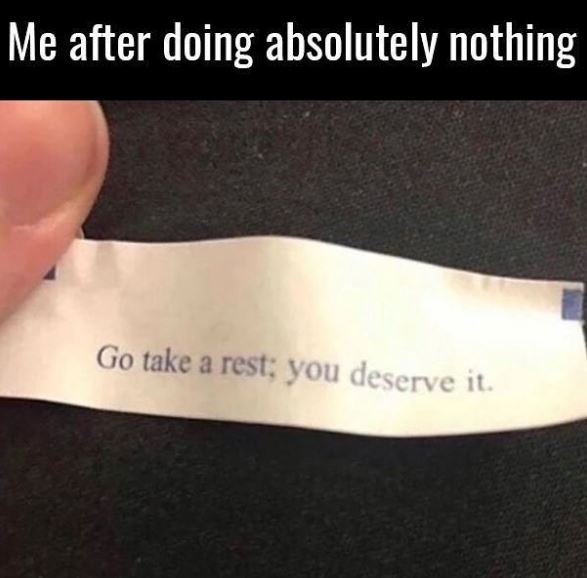 Me after doing absolutely nothing go take a rest you deserve ll