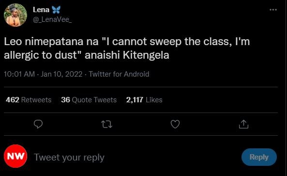 Lena , _LenaVee_ Leo nimepatana na cannot sweep the class, I'm allergic to dust