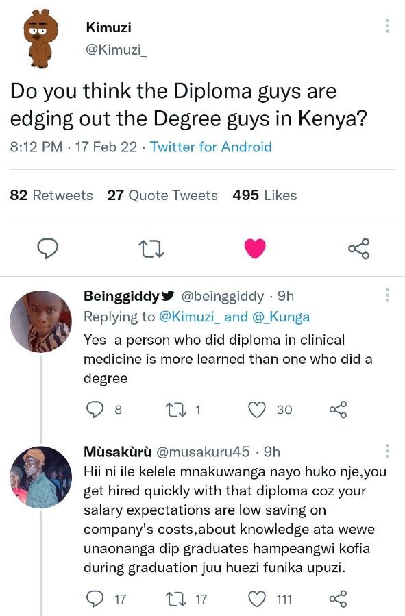 Kimuzi Kimuzi Do you think the Diploma guys are edging out the Degree guys in Ke