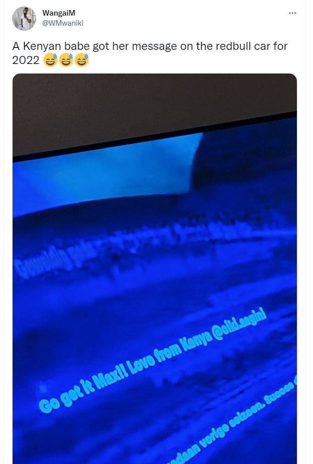 WangaiM WMwaniki Kenyan babe got her message on the redbull car for sdedh Gom Ke