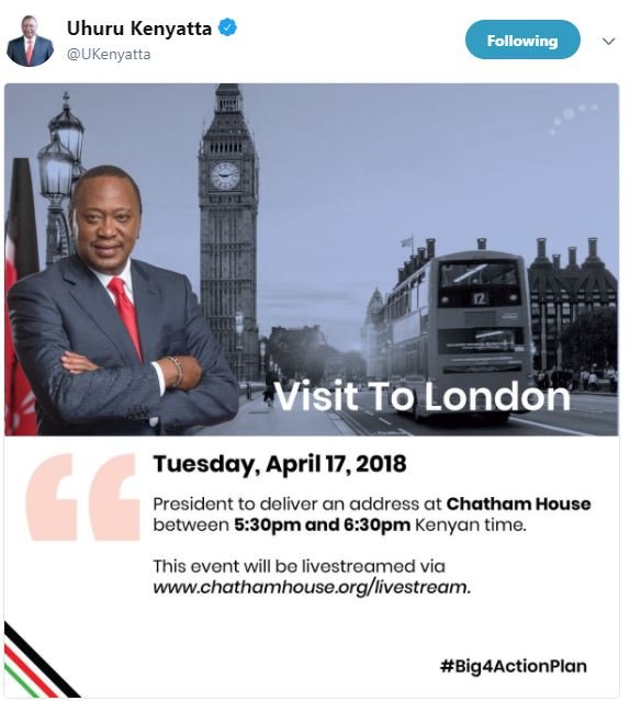 Uhuru kenyatta ukenyatta following visit to london tuesday april 17, president t
