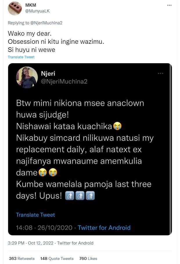 Mkm munyualk replying to njerimuchina2 wako my dear. obsession ni kitu ingine wa