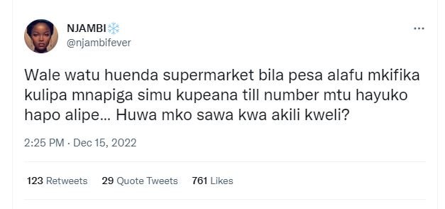 Njambi njambifever wale watu huenda supermarket bila pesa alafu mkifika kulipa m