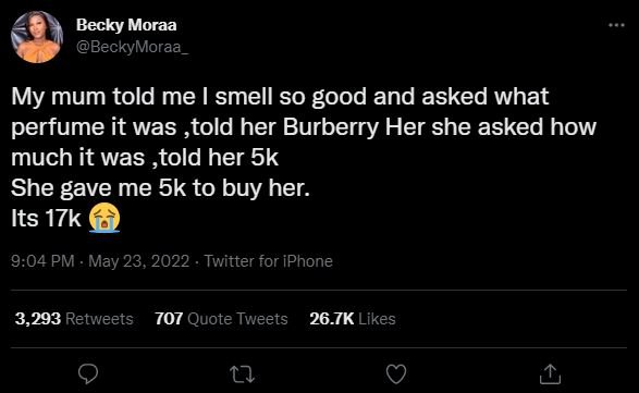 Becky moraa beckymoraa my mum told me i smell so good and asked what perfume it