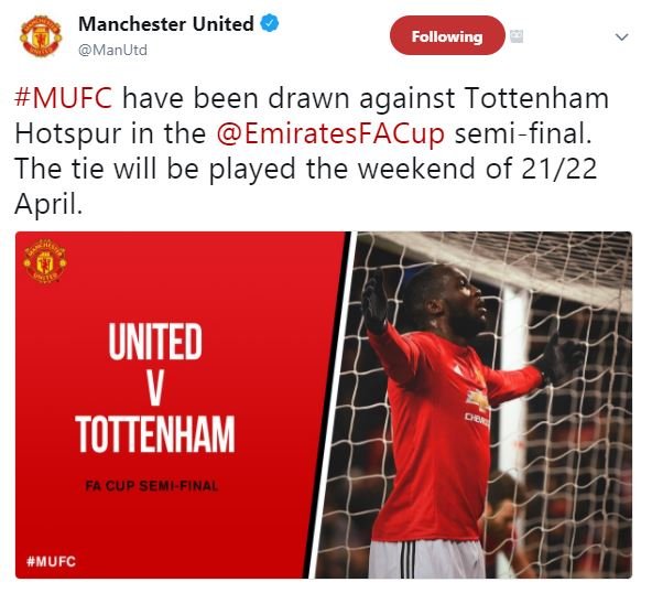 Manchester united manutd following mufc have been drawn against tottenham hotspu