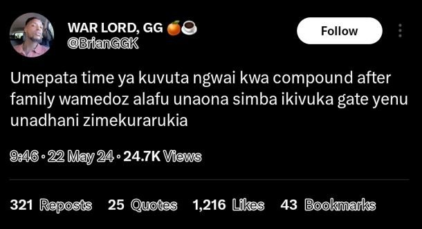 War lord gg brianggk follow umepata time ya kuvuta ngwai kwa compound after fami