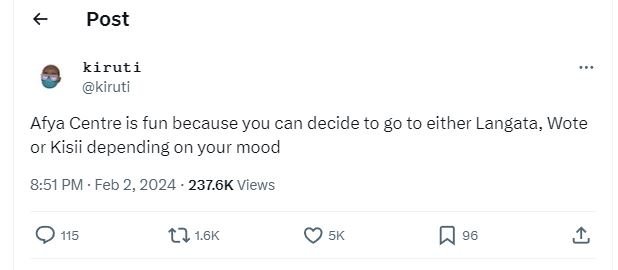 Post kiruti kiruti afya centre is fun because you can decide to go to either lan