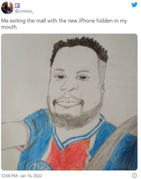 Limorio_ Me exiting the mall with the new iPhone hidden in my moutn. 12.08 PM Ja