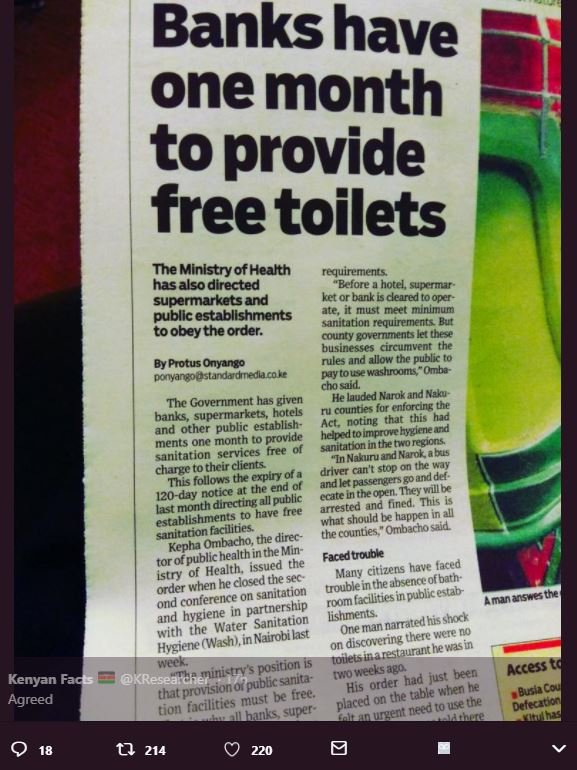 Banks have onemonth toprovide freetoilets the ministry of health requirements ha