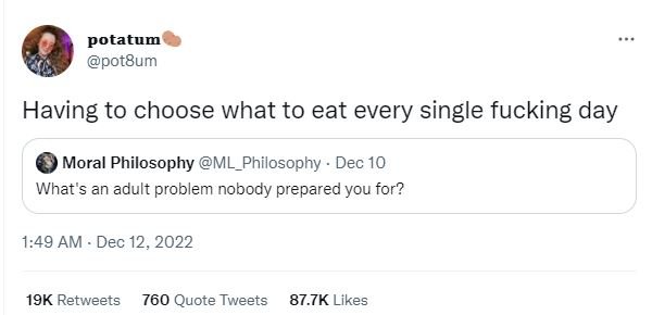 Potatum pot8um having to choose what to eat every single fucking day moral philo