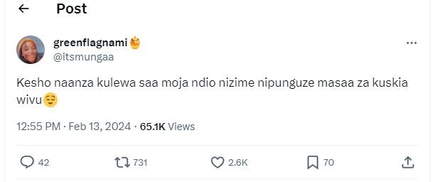 Post greenflagnami itsmungaa kesho naanza kulewa saa moja ndio nizime nipunguze