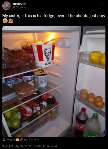 Bella q bb_bellaq my sister if this is his fridge even if he cheats just stay kf