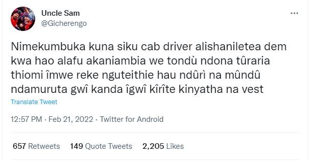 Uncle Sam Gicherengo Nimekumbuka kuna siku cab driver alishaniletea dem kwa hao
