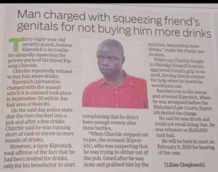 Man charged with squeezing friend's genitals for not buying him morercrinks hirt