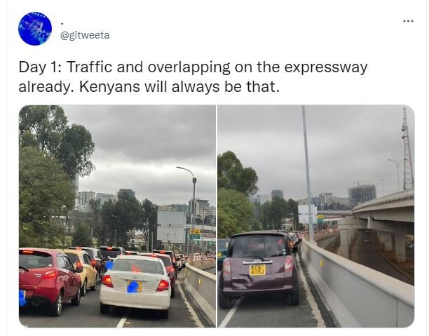 Gitweeta day 1 traffic and overlapping on the expressway already. kenyans will a