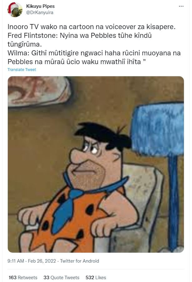 Kikuyu pipes drkanyuira inooro tv wako na cartoon na voiceover za kisapere. fred