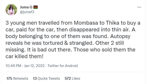 Juma G jumaf3 3 young men travelled from Mombasa to Thika to buy a car, paid for