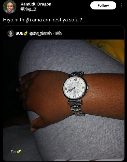 Kamudu dragon hey 7 follow hiyo ni thigh ama arm rest ya sofa ? sue thenimoh 15h
