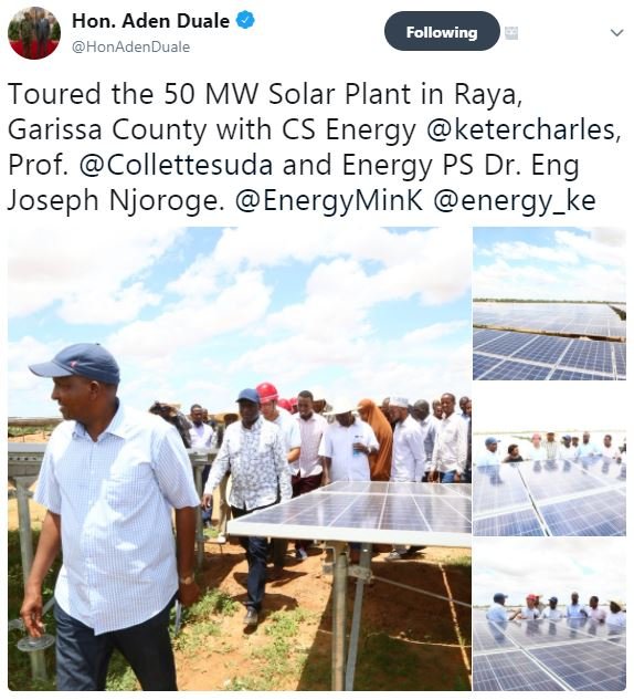 Hon. aden duale honadenduale following toured the 50 mw solar plant in raya, gar
