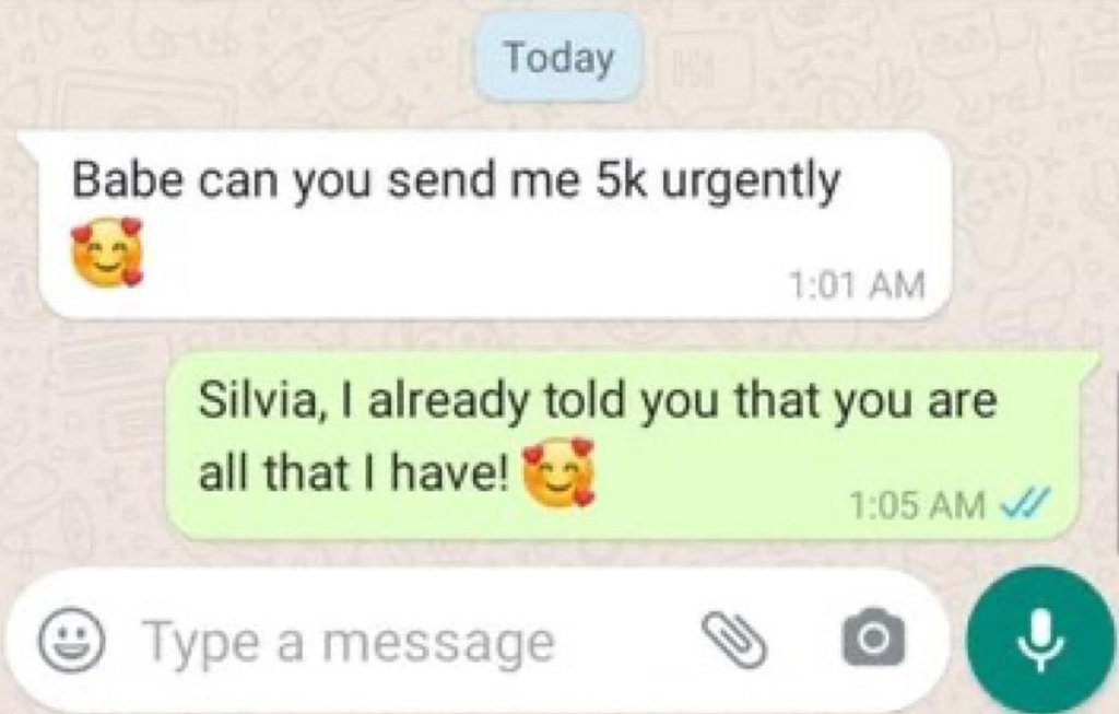 Babe can you send me 5k urgently 1.01 am silvia already told you that you are al