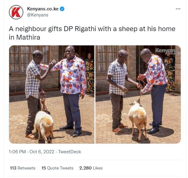 Kenyans.co.ke kenyans a neighbour gifts dp rigathi with a sheep at his home in m