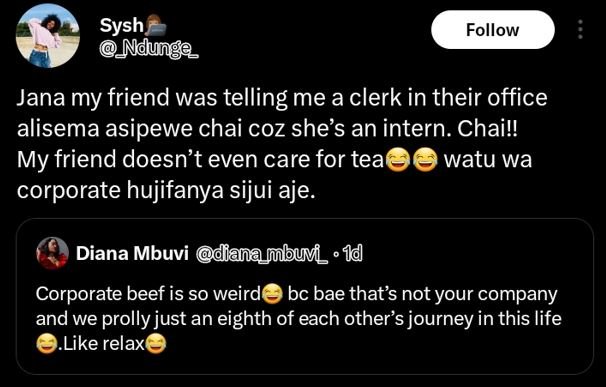 Sysh ndunge follow jana my friend was telling me a clerk in their office alisema