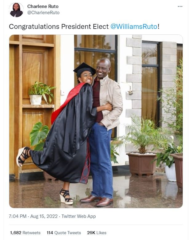 Charlene ruto charleneruto congratulations president elect williamsruto! 7.04 pm