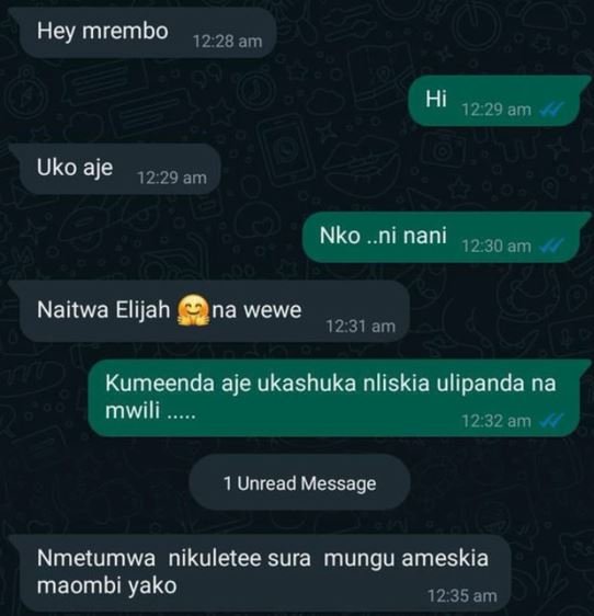 Hey mrembo 12.28 am hi 12.29 am uko aje 1229 am nko . ni nani 12.30 am naitwa el