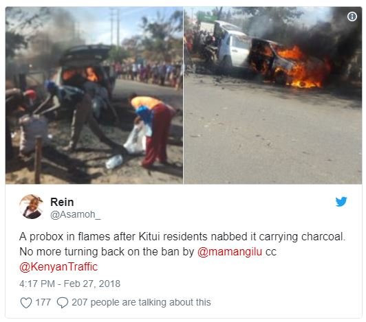 Rein asamoh a probox in flames after kitui residents nabbed it carrying charcoal