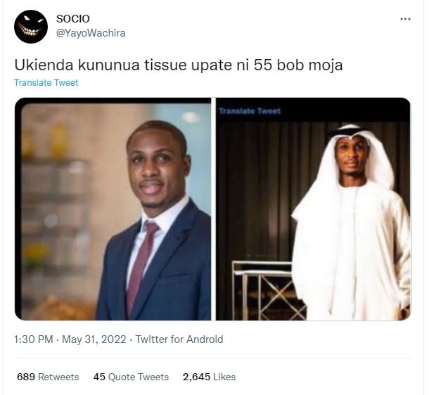 Socio yayowachira ukienda kununua tissue upate ni 55 bob moja translate tweer 1.