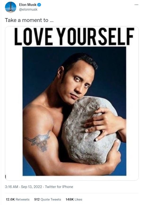 Elon musk elonmusk take a moment to love yourself 316 am . sep 13, twitter for i