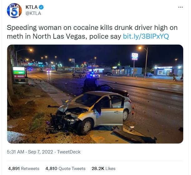 Ktla ktla speeding woman on cocaine kills drunk driver high on meth in north las