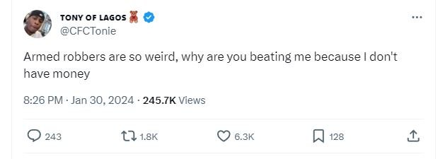 Tony of lagos cfctonie armed robbers are so weird, why are you beating me becaus