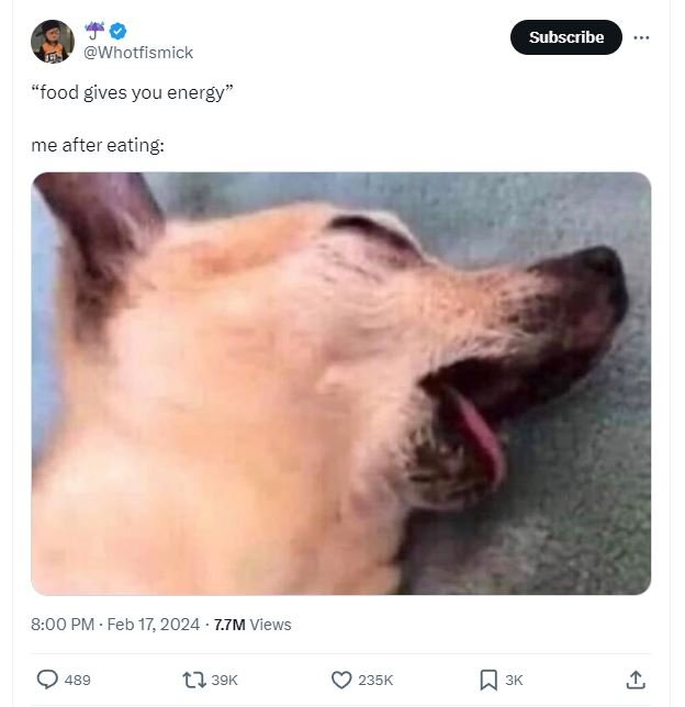 Subscribe whotfismick food gives you energy me after eating 8.00 pm feb 17, 77m