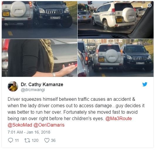 Dr. cathy kamanze drcmwangi driver squeezes himself between traffic causes an ac