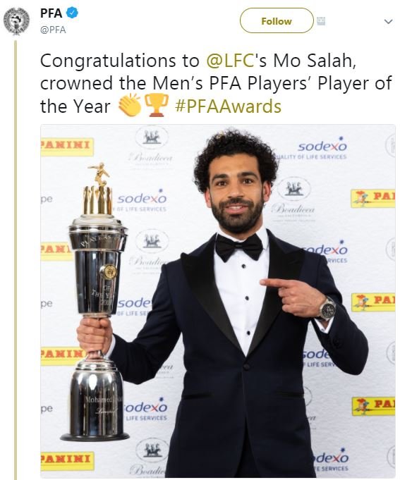 Pfa pfa follow congratulations to lfc's mo salah, crowned the men's pfa players'