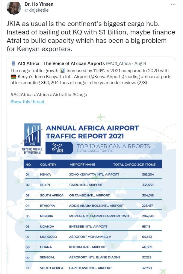Dr. ho yinsen kinjeketile jkia as usual is the continent's biggest cargo hub. in