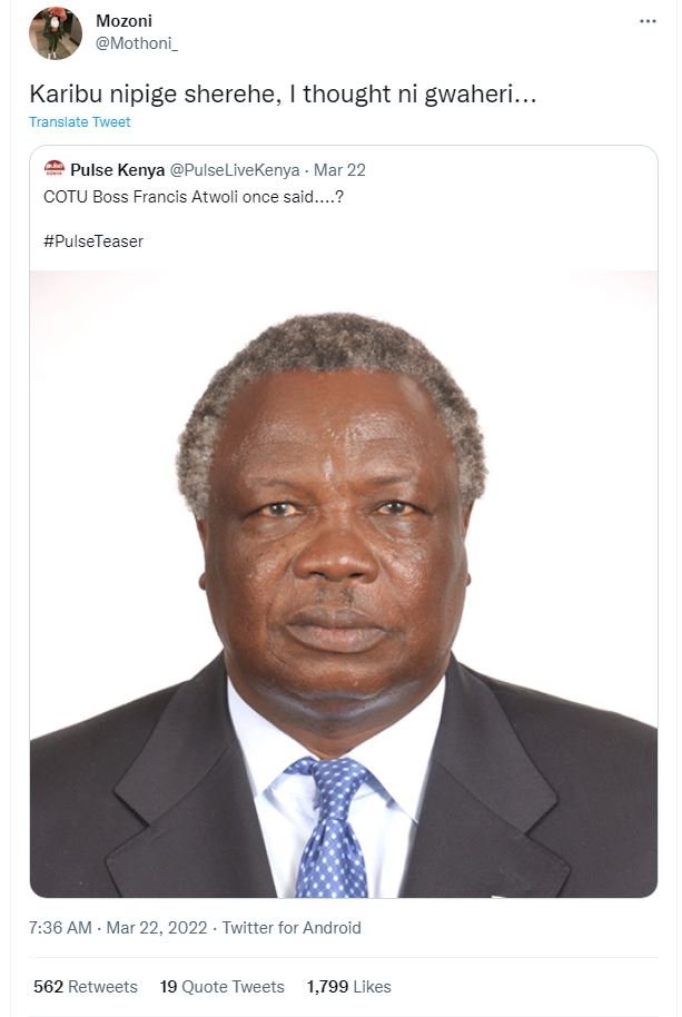 Mozoni mothoni _ karibu nipige sherehe thought ni gwaheri. translate tweet pulse