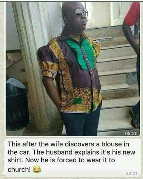 08.20 this after the wife discovers a blouse in the car. the husband explains it