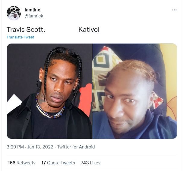 iamjinx jamrick_ Travis Scott. Translate Tweet Kativoi 3.29 PM Jan 13, Twitter f